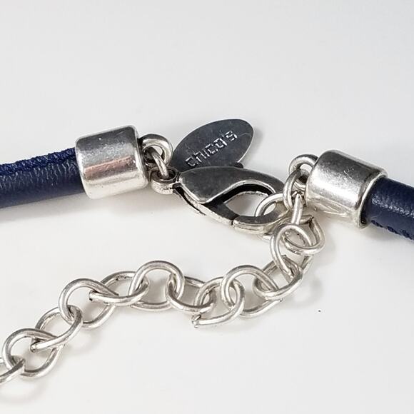 Chico's Gemstone, Lucite & Blue Leather Necklace, Silver Tone Disks, 20 Inches - Picture 4 of 7